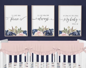 Stampe floreali per cameretta, decorazioni per cameretta neonata, decorazioni floreali per cameretta, stampa floreale ad acquerello, stampa floreale ad acquerello rosa cipria, blu navy