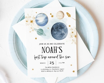 Editable Space Birthday Invitation, First Trip Around The Sun, 1st Birthday Template, Boy First Birthday Invitation Galaxy Outer Space Fts1