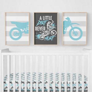 Motocross Nursery Prints, A Little Dirt Never Hurt Motocross Nursery Decor Set of 3 Prints, Dirt Bike Nursery Print, Baby Boy Nursery Prints