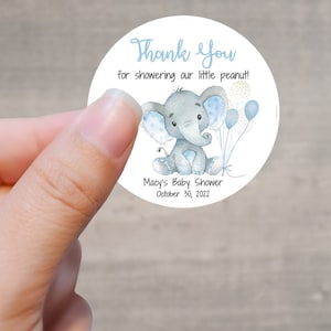 Elephant Baby Shower Thank You Stickers, 2" Round Stickers, Baby Boy Elephant Stickers, Party Labels, Baby Boy Baby Shower Favor Stickers