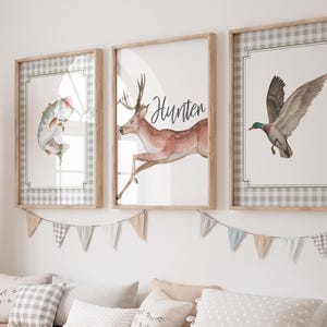 Jagd-Kinderzimmer-Wandkunst, Fischen-Jagd-Wandkunst, Baby-Kinderzimmer, Reh-Jagd-Fischen-Kinderzimmer-Drucke, kundenspezifische Stockenten-Enten-Kinderzimmerdeko