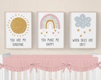 Rainbow Nursery Prints, Set of 3 Nursery Art, You Are My Sunshine Rainbow Nursery Decor, Baby Girl Nursery, Boho Nursery Prints, Kids Prints