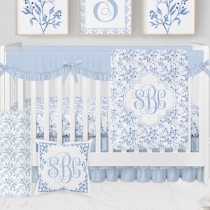 Baby Girl Crib Bedding Set, Blue Toile Crib Bedding, Vintage Floral Blue Crib Bedding For Girl, Vintage Floral Nursery, Girl Nursery Bedding