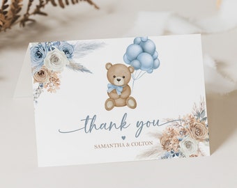Editable Boho Teddy Bear Baby Shower Thank You Card, Bear Birthday Folded Thank You Card Template, Baby Shower Card Instant Download, BTB1