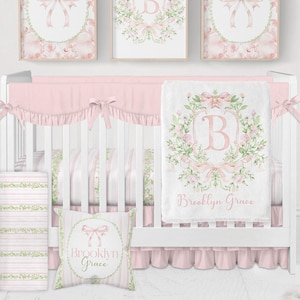 Baby Girl Crib Bedding Set, Pink and Green Crib Bedding, Baby Girl Bedding, Bow Baby Bedding Crib Sets Girl, Grandmillenial Nursery Decor