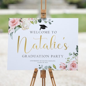 Blush Gold Graduation Party Welcome Sign, Floral Graduation Welcome Sign Pink, Graduation Party Decorations Senior College Grad Welcome Sign