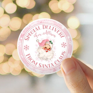 Personalisierte Weihnachtsaufkleber, spezielle Lieferung von Santa Aufklebern, Weihnachtsgeschenkanhänger, benutzerdefinierte Weihnachtsgeschenketiketten, rosa Weihnachtsmannanhänger