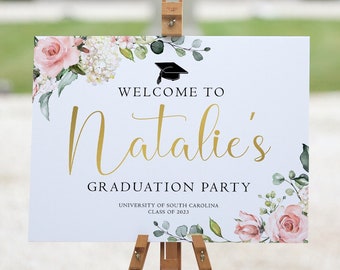 Blush Gold Graduation Party Welcome Sign, Floral Graduation Welcome Sign Pink, Graduation Party Decorations Senior College Grad Welcome Sign