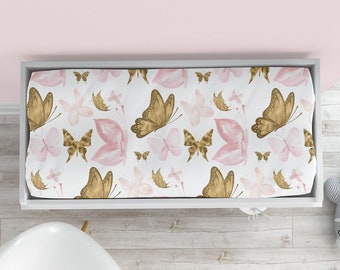 Butterfly Changing Pad Cover, Changing Pad Cover For Girl, Butterfly Nursery Decor, Pink And Gold Butterfly, Baby Girl Changing Pad Cover