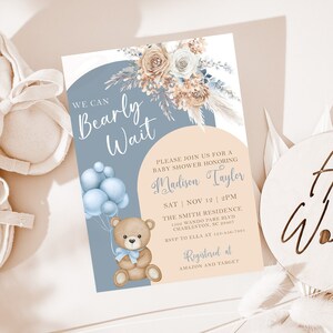 Ours en peluche Baby Shower Invitation, Baby Boy Shower Invite, Blue Boho Baby Shower Invite, Editable Baby Shower Invitation Boy Digital BTB1