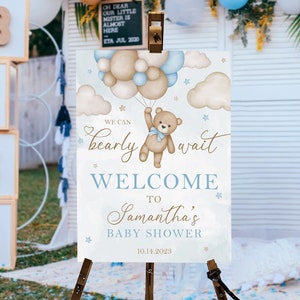 We Can Bearly Wait Baby Shower Welcome Sign, Teddy Bear Baby Shower Sign, Bear Balloon, Blue Boy Teddy Bear Baby Shower Decorations Boy Boho