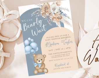 Teddy Bear Baby Shower Invitation, Baby Boy Shower Invite, Blue Boho Baby Shower Invite, Editable Baby Shower Invitation Boy Digital BTB1