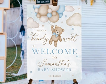 We Can Bearly Wait Baby Shower Welcome Sign, Teddy Bear Baby Shower Sign, Bear Balloon, Blue Boy Teddy Bear Baby Shower Decorations Boy Boho