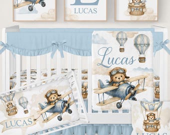 Airplane Crib Bedding Set, Hot Air Balloon Baby Boy Bedding, Travel Baby Bedding, Aviation Teddy Bear Baby Blanket, Adventure Nursery Decor