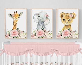 Estampas de berçário de safári, estampas de elefantes, decoração de berçário de safári para meninas, berçário de safári com flores rosa, conjunto de 3 para berçário de selva para meninas, girafa