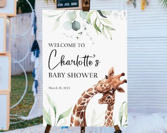 Giraffe Baby Shower Welcome Sign, Gender Neutral Safari Baby Shower Sign, Greenery Giraffe Baby Shower Welcome Poster, Boy Baby Shower Decor