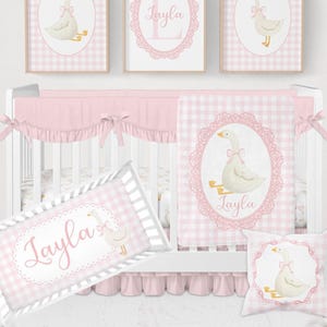 Goose Crib Bedding Set, Baby Girl Bedding, Girl Goose Bedding, Silly Goose Nursery Decor, Goose Baby Crib Sets, Pink Gingham Mini Crib Sheet