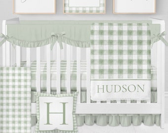 Baby Boy Crib Bedding Set, Sage Baby Bedding Crib Sets Boy, Baby Boy Nursery Bedding, Gingham Nursery Decor, Sage Green Crib Bedding Set Boy