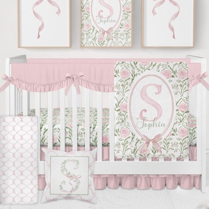 Baby Girl Bedding Set, Pink and Green Crib Bedding Set, Grandmillenial Pink Baby Bedding, Bow Bedding Crib Set, Grandmillenial Nursery Decor