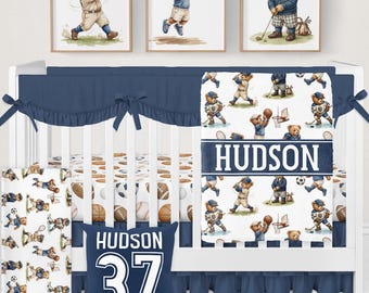 Personalized Sports Crib Bedding Set, Vintage Sports Teddy Bear Nursery Decor, Custom Baby Boy Room