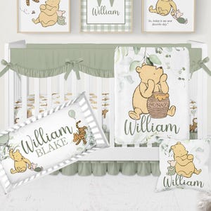 Winnie-the-Pooh Crib Bedding Set, Personalized Baby Boy Bedding, Classic Pooh Nursery Decor, Custom Baby Blanket, Sage Green Crib Sheets Boy