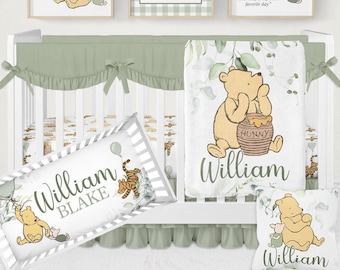 Winnie-the-Pooh Crib Bedding Set, Personalized Baby Boy Bedding, Classic Pooh Nursery Decor, Custom Baby Blanket, Sage Green Crib Sheets Boy