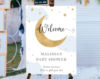 Moon And Stars Baby Shower Welcome Sign, Blue Baby Shower Sign Boy, Boy Baby Shower Poster, Blue Baby Shower Decorations Boy, Welcome Poster