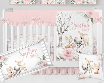 Baby Girl Woodland Crib Bedding Set, Crib Bedding Set Girl, Woodland Animal Nursery Set, Pink Floral Crib Sheets Girl, Woodland Nursery Girl