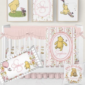 Winnie-the-Pooh Crib Bedding Set Girl, Baby Girl Crib Bedding, Classic Winnie-the-Pooh Nursery, Vintage Floral Baby Bedding Crib Sets Girl