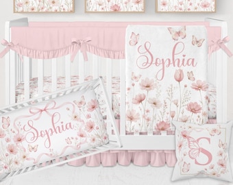 Baby Girl Crib Bedding Set, Pink Floral Baby Bedding, Butterfly Nursery Decor, Personalized Crib Sets, Wildflower Bedding, Baby Girl Blanket