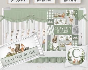 Juego de cuna con temática de bosque, juego de cuna verde salvia para bebé, juego de cuna para niño con animales del bosque, juego de cuna color salvia, decoración de guardería con temática de bosque