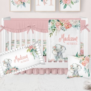 Elephant Baby Bedding Set, Floral Crib Bedding Set, Girl Nursery Bedding Set, Floral Elephant Nursery, Elephant Blanket, Baby Girl Bedding