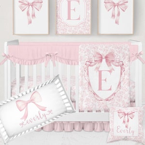 Pink Bow Crib Bedding Set Girl, Baby Girl Bedding Crib Sets, Coquette Nursery Decor, Toile Nursery, Bow Baby Crib Bedding, Mini Crib Bedding