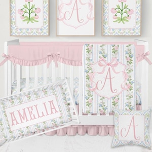 Baby Girl Crib Bedding Set, Pink and Blue Floral Crib Bedding, Baby Girl Bedding Crib Sets, Pink Bow Nursery, Mini Crib Bedding, Crib Sheets