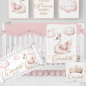 Baby Girl Crib Bedding Set, Baby Bedding Crib Sets Girl, Princess Pillow Swan Crib Bedding Set Girl, Pink Princess Nursery Bedding Set Girl