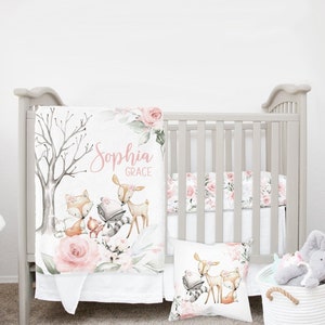 MINI Crib Bedding Set, Baby Girl Woodland Crib Bedding Set, Floral Mini Crib Bedding, Baby Girl Bedding, Mini Crib Set Girl, Mini Crib Sheet