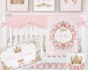 Babybeddengoedset voor een meisjeswieg, prinsessenbeddengoed, sprookjesachtige babykamerdecoratie, gepersonaliseerde lakenset voor de wieg, prinsessenwiegset, roze deken met strik