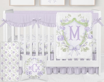 Purple Crib Bedding Set Girl, Baby Girl Bedding Crib Sets, Purple Nursery Bedding, Bow Nursery Decor, Baby Bedding Set, Floral Crib Bedding