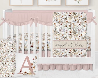 Floral Crib Bedding Set, Wildflower Baby Blanket, Wildflower Crib Sheet, Wildflower Nursery Decor, Custom Baby Girl Bedding, Butterfly Decor