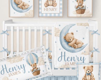 Teddy Bear Crib Bedding Set, Baby Boy Bedding, Teddy Bear Baby Bedding Crib Set, Blue Teddy Bear Nursery Bedding, Moon Stars Mini Crib Sets