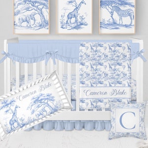 Safari Nursery Bedding Set, Baby Boy Crib Bedding, Blue Toile Crib Bedding Set Boy, Safari Nursery Decor, Jungle Baby Bedding Crib Sets Boy