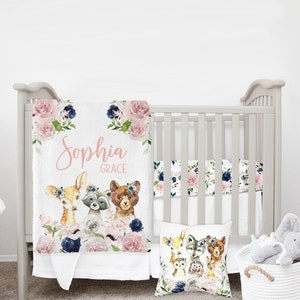 MINI Crib Bedding Set, Baby Girl Bedding, Woodland Crib Bedding, Navy And Blush Floral Mini Crib Bedding, Mini Crib Set Girl Mini Crib Sheet