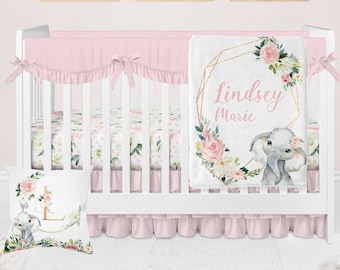 Elephant Baby Bedding Set, Floral Girl Crib Bedding, Personalized Baby Blanket, Personalized Crib Bedding Set, Floral Elephant Nursery