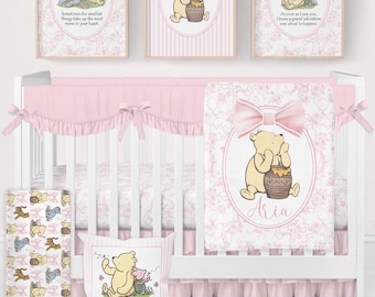 Winnie-the-Pooh Crib Set, Pink Bow Bedding Set, Pink Baby Girl Bedding, Classic Winnie-the-Pooh Nursery Decor, Toile Baby Bedding Crib Sets