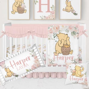Winnie-the-Pooh Crib Bedding Set Girl, Pink Baby Girl Bedding, Classic Winnie-the-Pooh Nursery Decor, Vintage Baby Bedding Floral Crib Sets