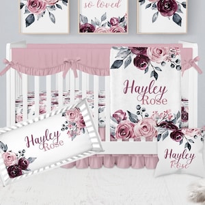 Floral Crib Bedding Set, Baby Girl Crib Bedding, Personalized Baby Blanket, Rose Floral Nursery, Girl Nursery Bedding, Pink, Purple, Mauve
