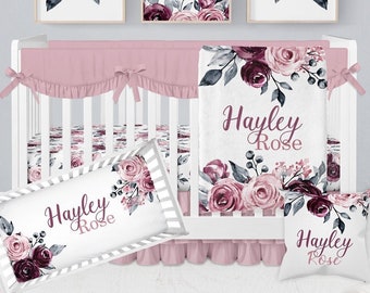 Floral Crib Bedding Set, Baby Girl Crib Bedding, Personalized Baby Blanket, Rose Floral Nursery, Girl Nursery Bedding, Pink, Purple, Mauve