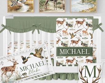 Hunting Nursery Bedding, Baby Boy Crib Bedding Set, Deer Duck Fish Nursery, Hunting & Fishing Nursery Decor, Woodland Baby Bedding Crib Sets