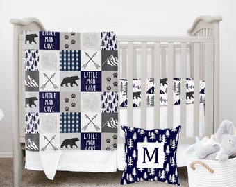 MINI Crib Bedding Set, Woodland Crib Bedding Set, Bear Crib Bedding Set, Navy Blue Baby Boy Bedding, Mini Crib Set Boy, Bear Mini Crib Sheet