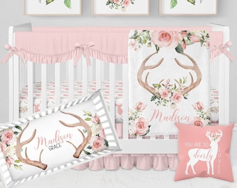 Deer Crib Bedding Set, Baby Girl Crib Bedding Sets With Deer Antlers, Pink Floral Crib Bedding, Crib Sheets Girl, Woodland Nursery Bedding